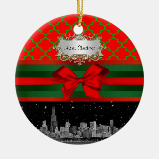 Chicago Skyline, Red Green Quatrefoil Xmas Ceramic Ornament (Front)