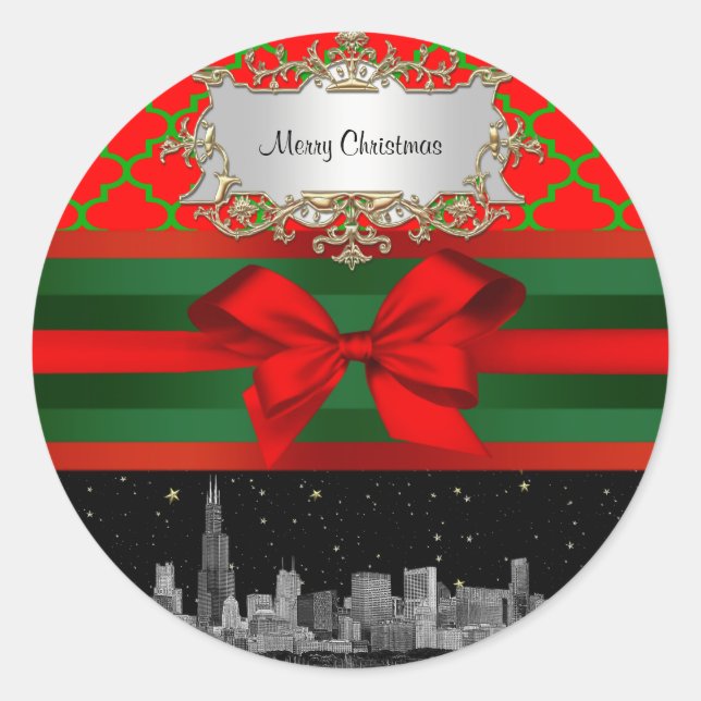 Chicago Skyline, Red Green Quatrefoil Xmas Classic Round Sticker (Front)