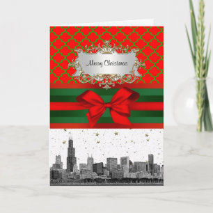 Chicago Skyline Red Green Quatrefoil Xmas Holiday Card