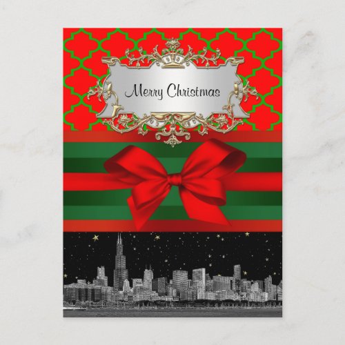 Chicago Skyline Red Green Quatrefoil Xmas Holiday Postcard
