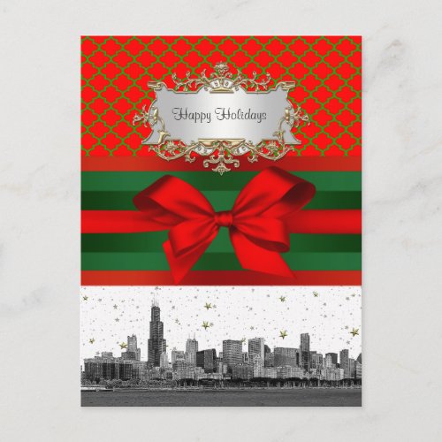 Chicago Skyline Red Green Quatrefoil Xmas Holiday Postcard