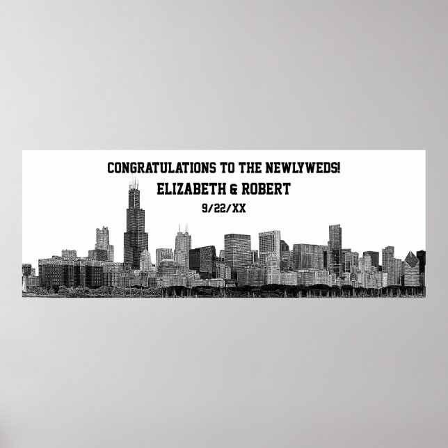 Chicago Skyline Silhouette Wedding Party Banner Poster (Front)