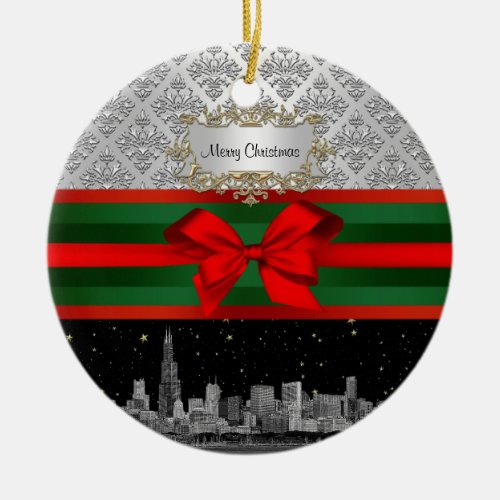 Chicago Skyline Silver White Damask 3 Bow Xmas Ceramic Ornament