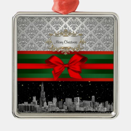 Chicago Skyline Silver White Damask 3 Bow Xmas Metal Ornament