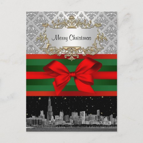 Chicago Skyline Silver White Damask 3 Xmas Holiday Postcard