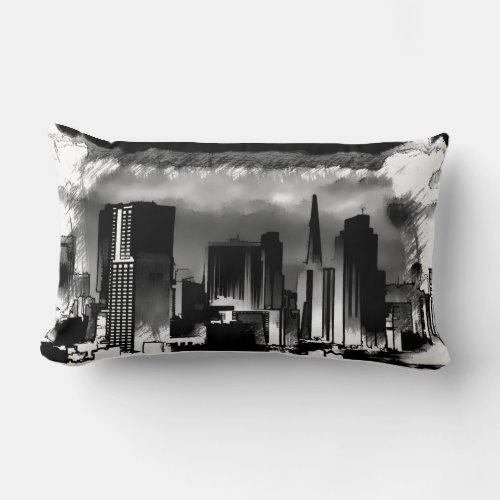 Chicago Skyline Sketch in Black and White Lumbar Pillow