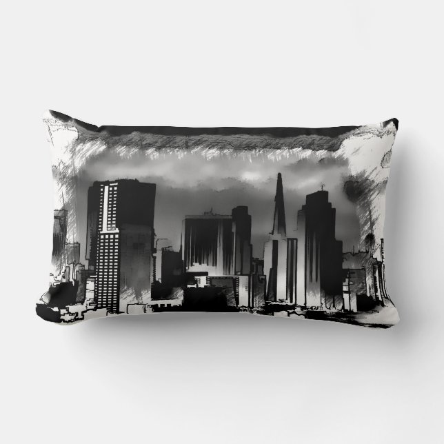 Chicago Skyline Sketch in Black and White Lumbar Pillow (Front)