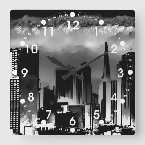 Chicago Skyline Sketch in Black and White Square Wall Clock