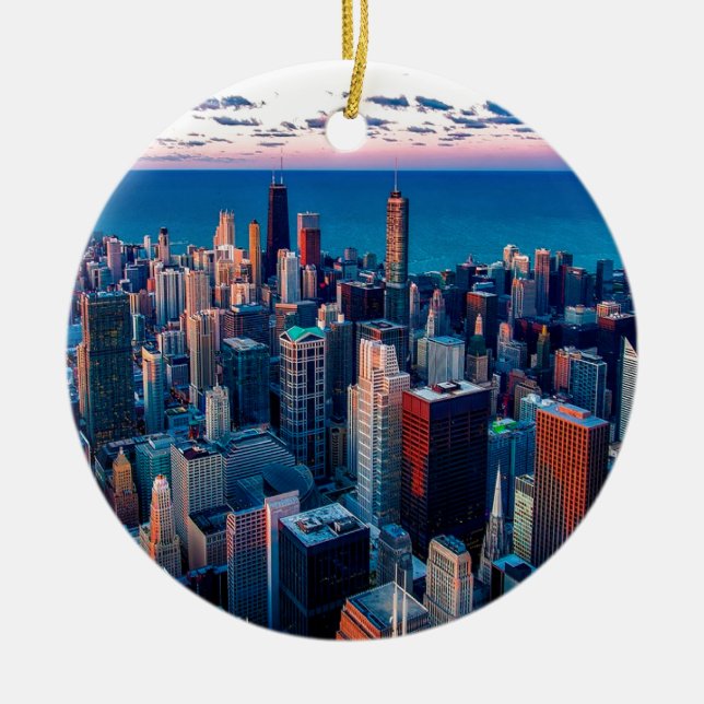 Chicago Skyline Sundown Ceramic Ornament (Front)