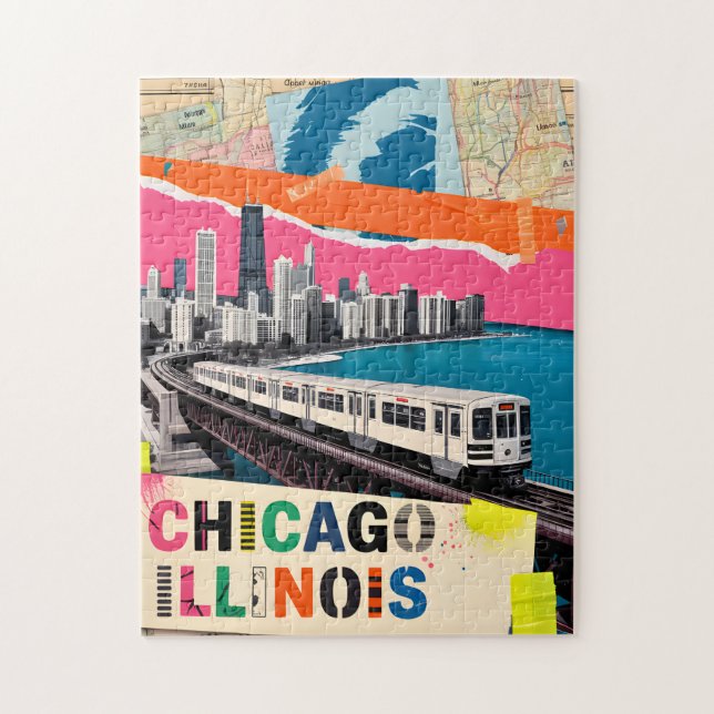 Chicago Skyline Train Pop Art Collage Retro Travel Jigsaw Puzzle (Vertical)