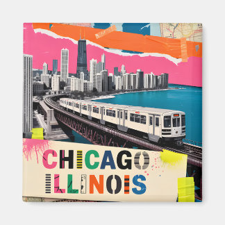 Chicago Skyline Train Pop Art Collage Retro Travel Magnet