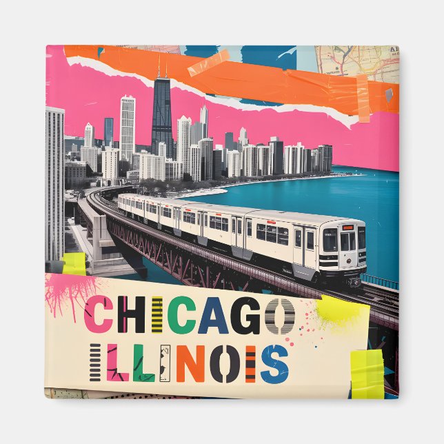 Chicago Skyline Train Pop Art Collage Retro Travel Magnet (Front)