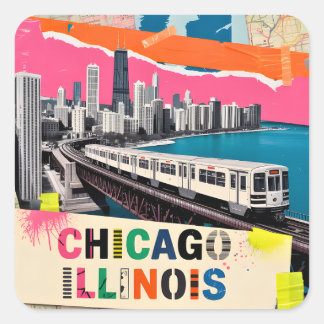 Chicago Skyline Train Pop Art Collage Retro Travel Square Sticker