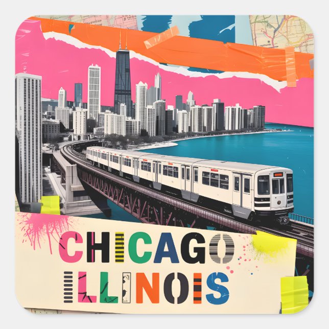 Chicago Skyline Train Pop Art Collage Retro Travel Square Sticker (Front)
