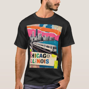 Chicago Skyline Train Pop Art Collage Retro Travel T-Shirt