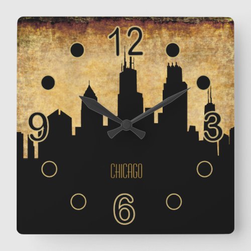 Chicago Skyline  Vintage Grunge Style Square Wall Clock