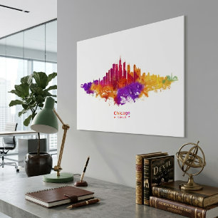 Chicago Skyline Watercolor Art on White Background