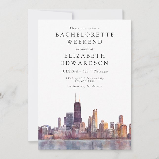 Chicago Skyline Watercolor Bachelorette Weekend Invitation (Front)