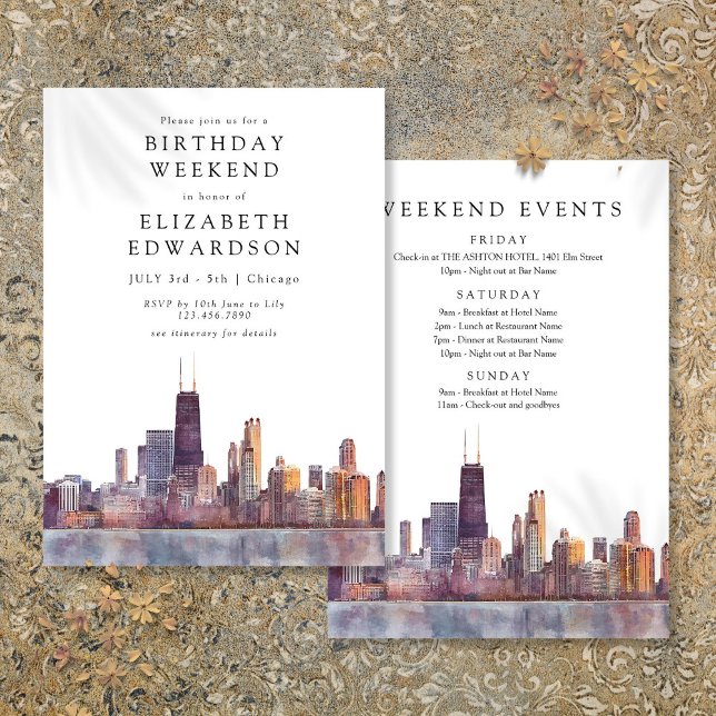 Chicago Skyline Watercolor Birthday Weekend Invitation (Chicago Skyline Watercolor Birthday Weekend Invitation)
