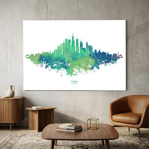 Chicago Skyline Watercolor Blue Green City Art
