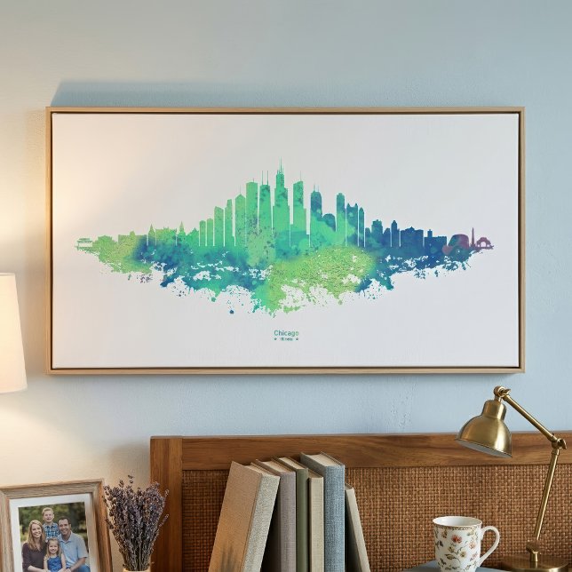 Chicago Skyline Watercolor Blue Green City Art Photo Print (Chicago Skyline Watercolor Blue Green City Art. Photo Print)