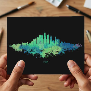 Chicago Skyline Watercolor Blue Green City Art Postcard