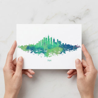 Chicago Skyline Watercolor Blue Green City Art Postcard