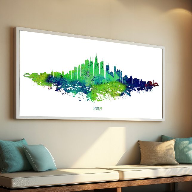 Chicago Skyline Watercolor Blue & Lime Art Prints (Chicago Skyline Watercolor Blue & Lime Art Prints. Photo Print)