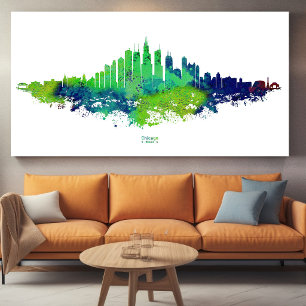 Chicago Skyline Watercolor Blue & Lime Art Prints