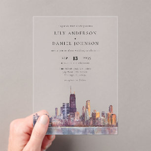 Chicago Skyline Watercolor Destination Wedding Acrylic Invitations