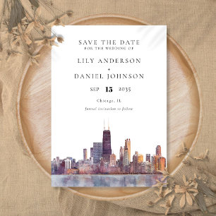 Chicago Skyline Watercolor Destination Wedding Save The Date