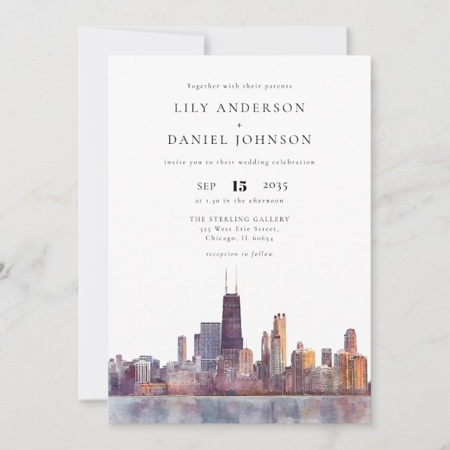 Chicago Skyline Watercolor Elegant Wedding Invitation (Front)