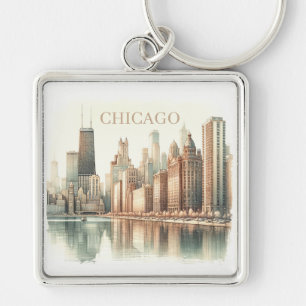 Chicago Skyline Watercolor Landmark Custom  Keychain