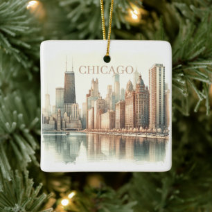 Chicago Skyline Watercolor Landmark Custom Photo  Ceramic Ornament