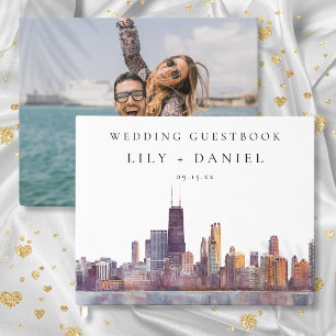 Chicago Skyline Watercolor Photo Wedding Guest Book