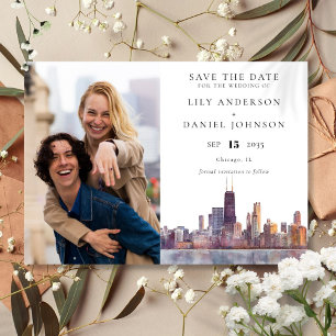 Chicago Skyline Watercolor Photo Wedding Save The Date