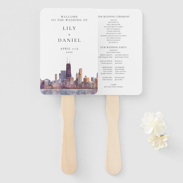 Chicago Skyline Watercolor Wedding Program Hand Fan (Front and Back)