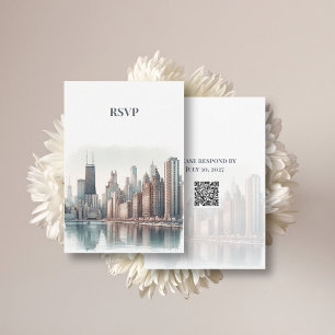 Chicago Skyline Watercolor Wedding RSVP QR Code Enclosure Card