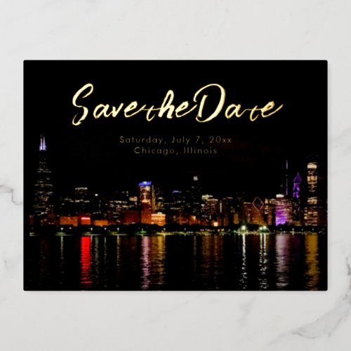 Chicago Skyline Wedding Save the Date Foil Invitation Postcard