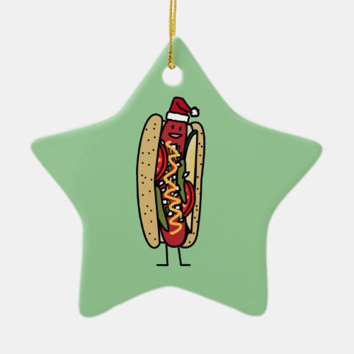 Chicago style hot dog Christmas Santa hat Ceramic Ornament