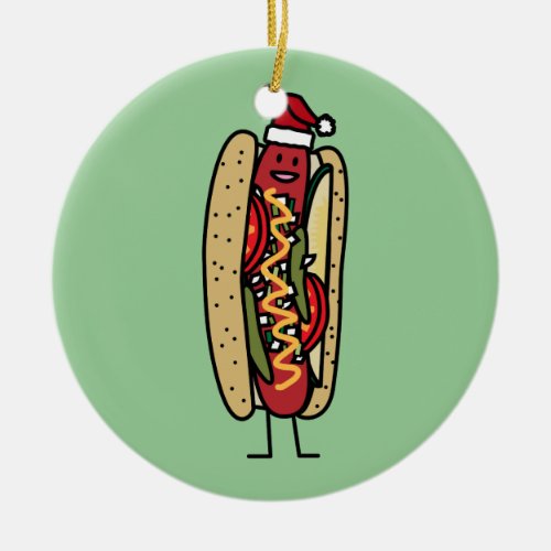 Chicago style hot dog Christmas Santa hat Ceramic Ornament