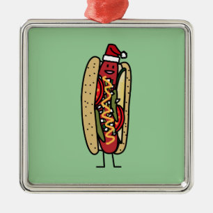 Chicago style hot dog Christmas Santa hat Metal Ornament
