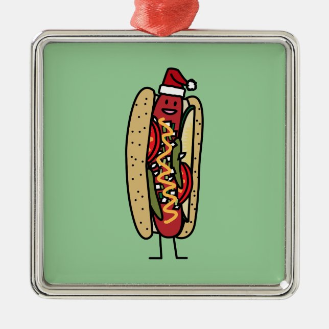 Chicago style hot dog Christmas Santa hat Metal Ornament (Front)
