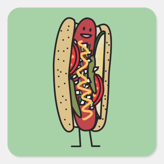 Chicago Style Hot Dog hot red poppy bun mustard Square Sticker (Front)