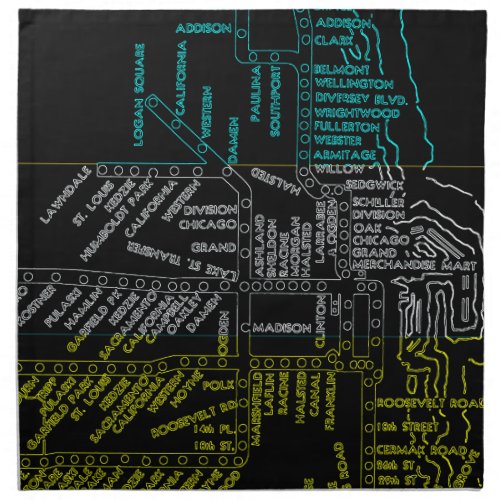 Chicago Subway Map w Train stops colorful vintag Napkin