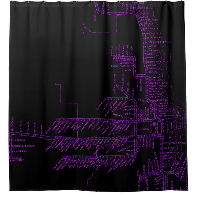 Chicago Subway Map w/ Train stops NEON PURPLE Shower Curtain (Front)