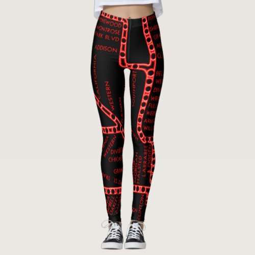 Chicago Subway Map w Train stops NEON RED 2 Leggings