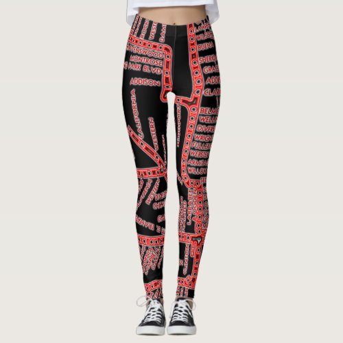 Chicago Subway Map w Train stops NEON RED Leggings