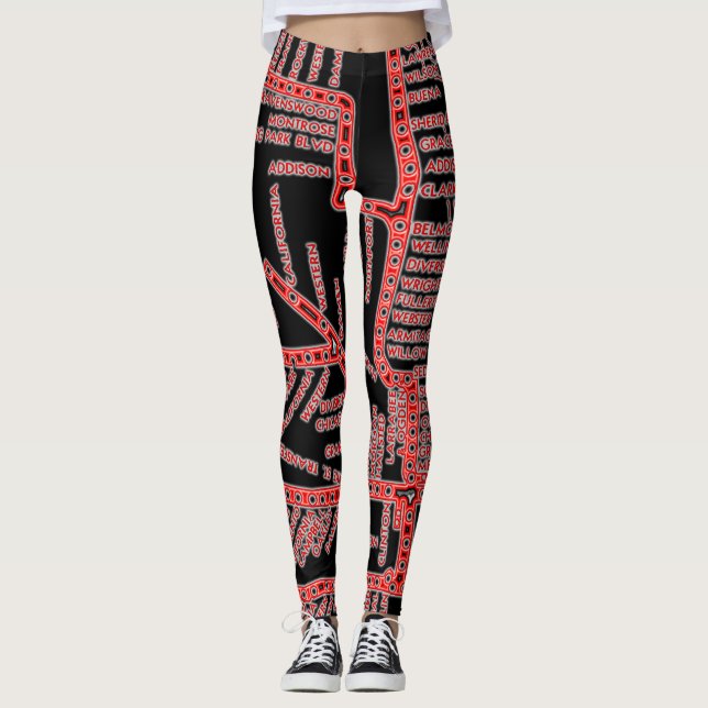 Chicago Subway Map w/ Train stops NEON RED Leggings (Front)