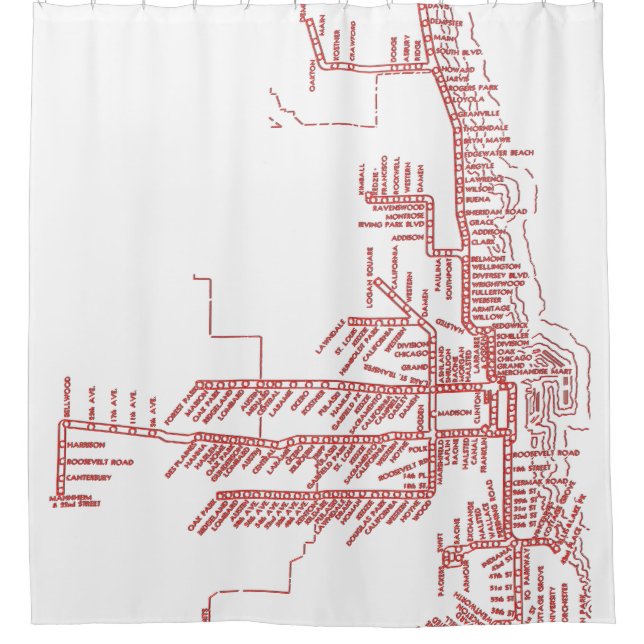 Chicago Subway Map w/ Train stops NEON red Shower Curtain (Front)